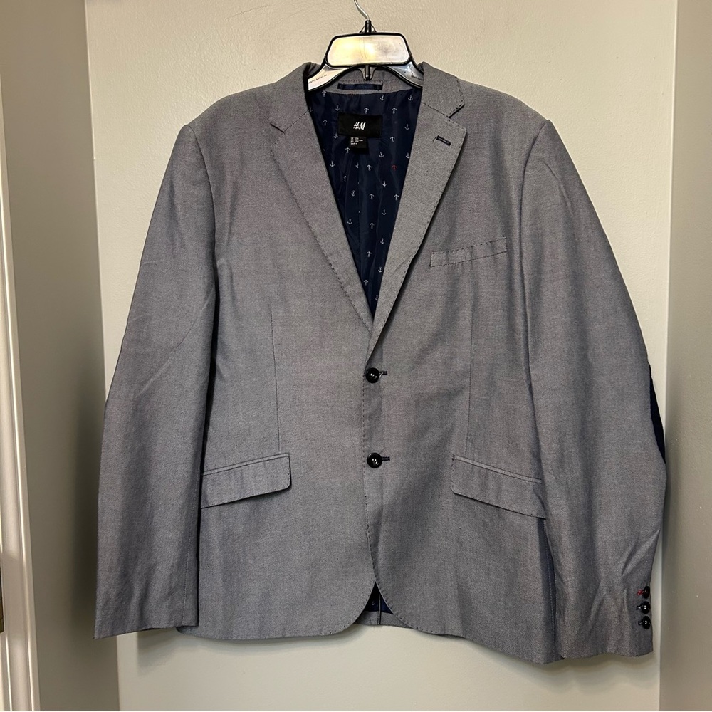 H&M Navy Blue Men’s Blazer With Elbow Patches Modern Stitching‎ Size 44R